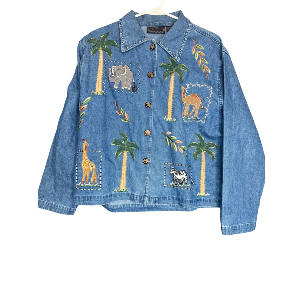 Life Style Petite Blue Denim Safari Animal Embroidered Button Front Jacket P/L